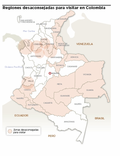 La carte de sécurité de la Colombie telle qu'établie par plusieurs Ministères des Affaires Étrangères (Royaume-Uni, États-Unis, Espagne, Allemagne et France).